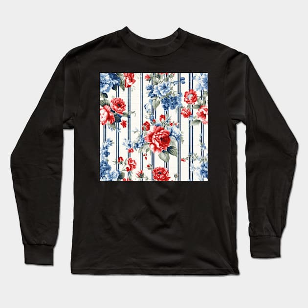 Red White and Blue Patriotic Shabby Floral Long Sleeve T-Shirt by VintageFlorals